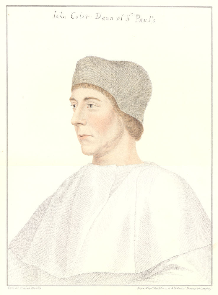 John Colet, Dean of St Paul's by Bartolozzi / Holbein. Henry VIII's court 1884